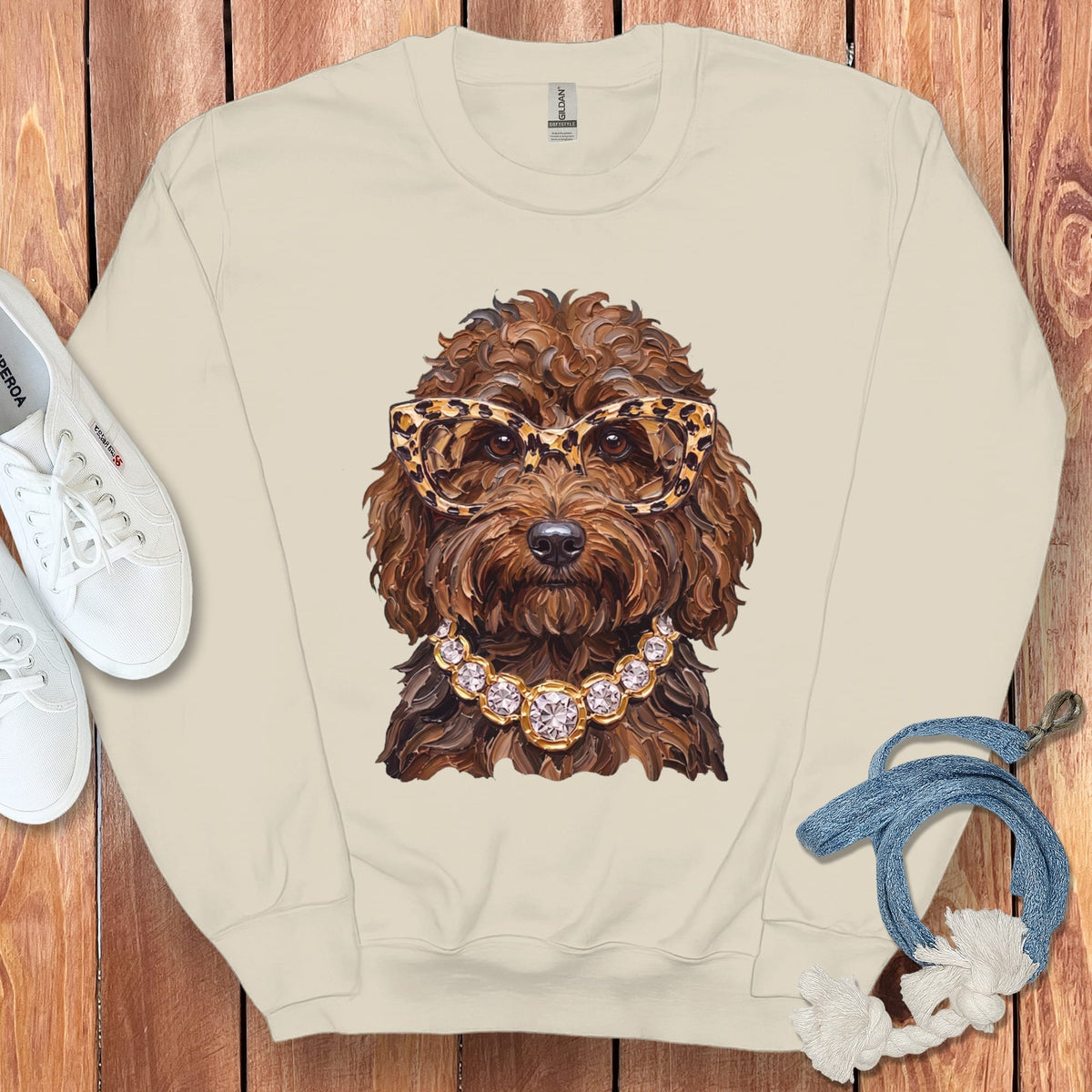 Chocolate Goldendoodle Glam Sweatshirt in Sand / S by Puppy Jo