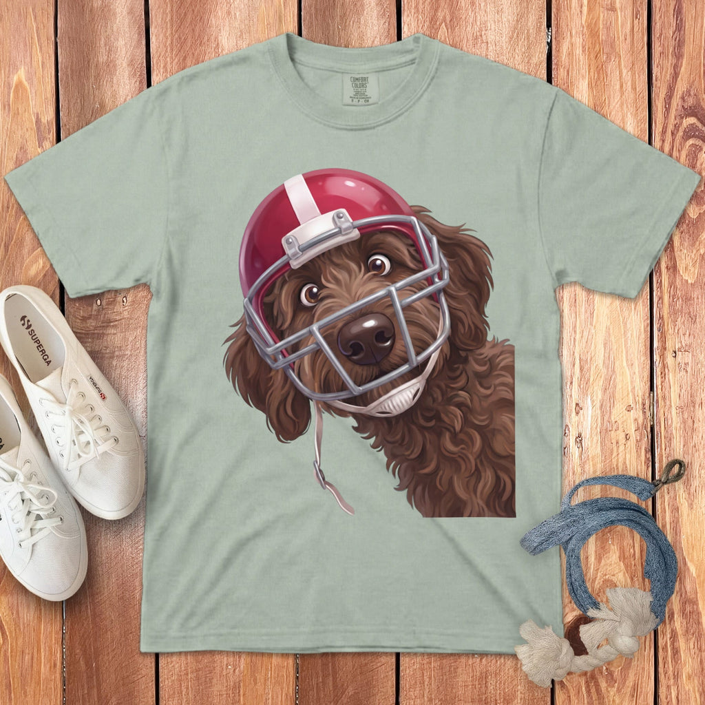 Chocolate Goldendoodle Football Helmet Signature T-Shirt in Bay / S by Puppy Jo