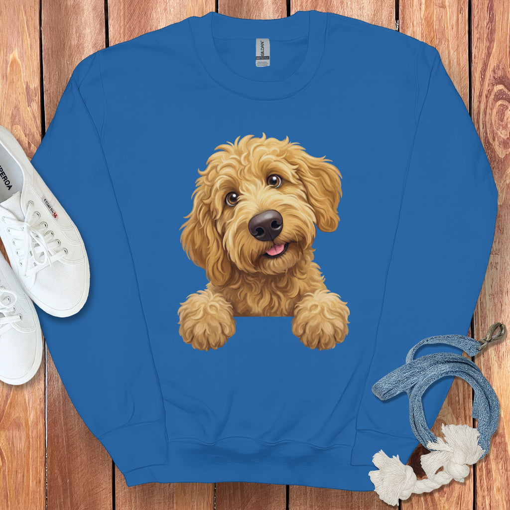 Blue sweatshirt with a cute goldendoodle puppy illustration.
