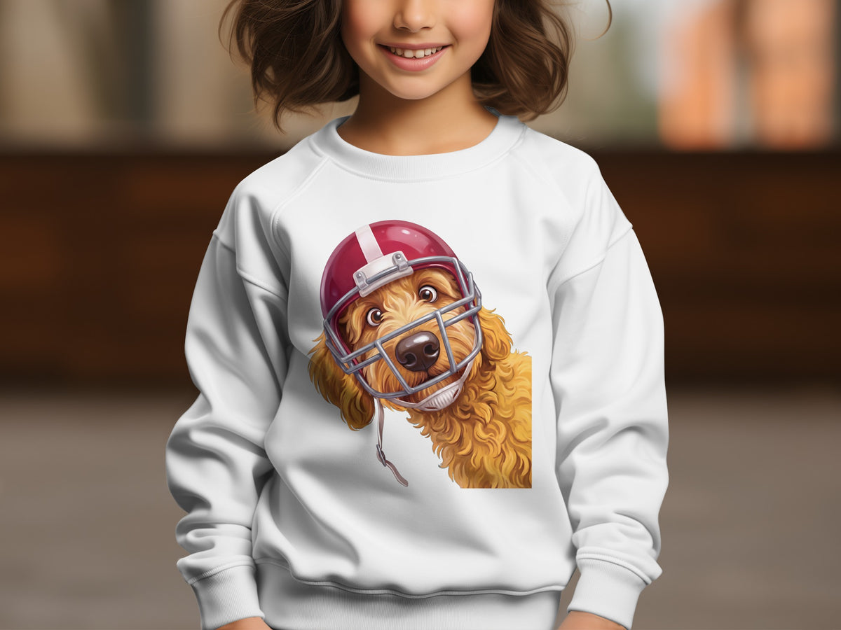 White sweatshirt with a cartoon dog wearing a red football helmet.