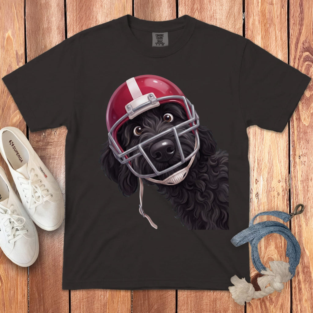 Black Goldendoodle Football Helmet Signature T-Shirt in Graphite / S by Puppy Jo