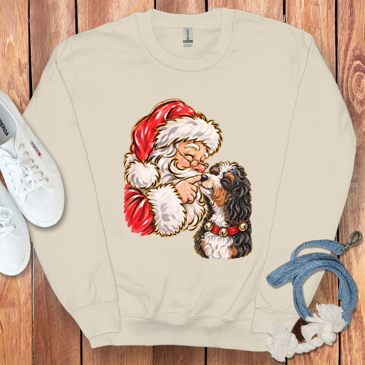 Bernedoodle Santa Kiss Sweatshirt in Sand / S by Puppy Jo