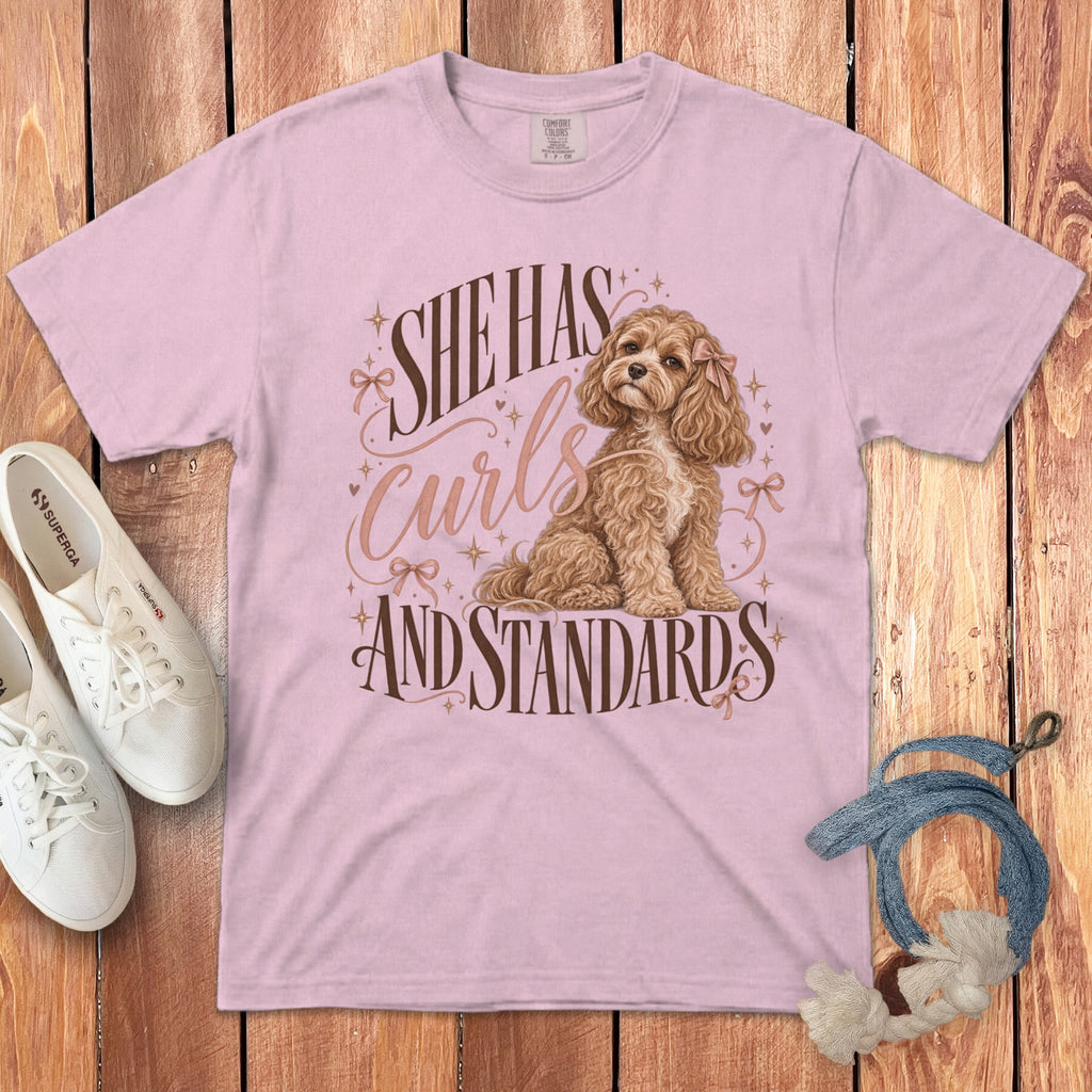 Light pink t-shirt with a curly brown dog graphic and text reading She Has Curls And Standards.