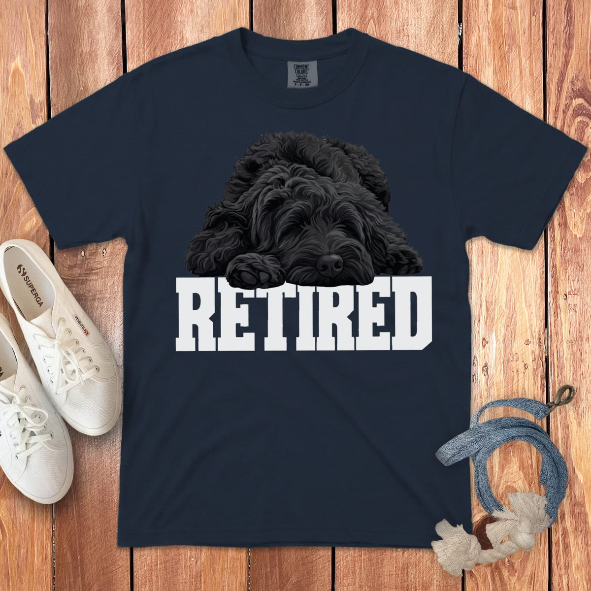 Retired Sleeping Black Goldendoodle Signature T-Shirt in Navy / S by Puppy Jo