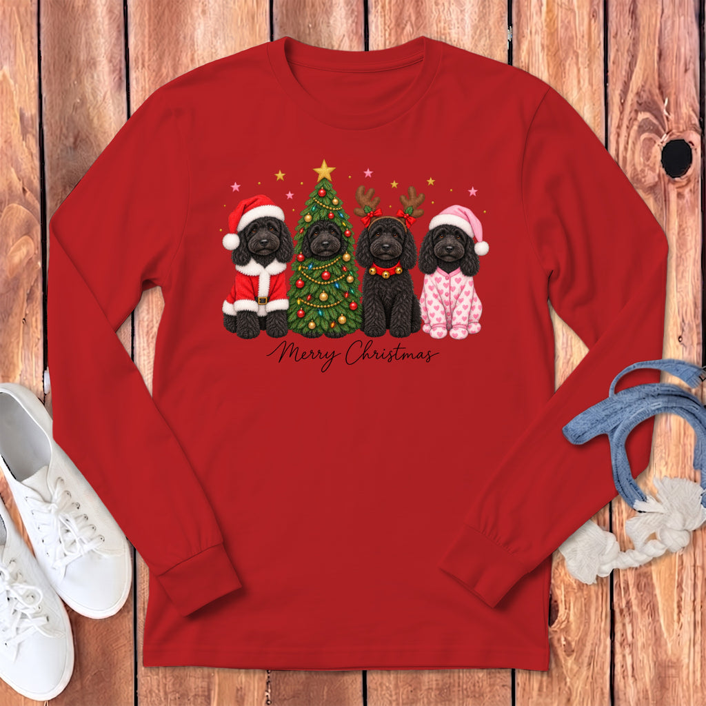 Red long-sleeve t-shirt featuring a Christmas graphic of four black dogs and a tree.