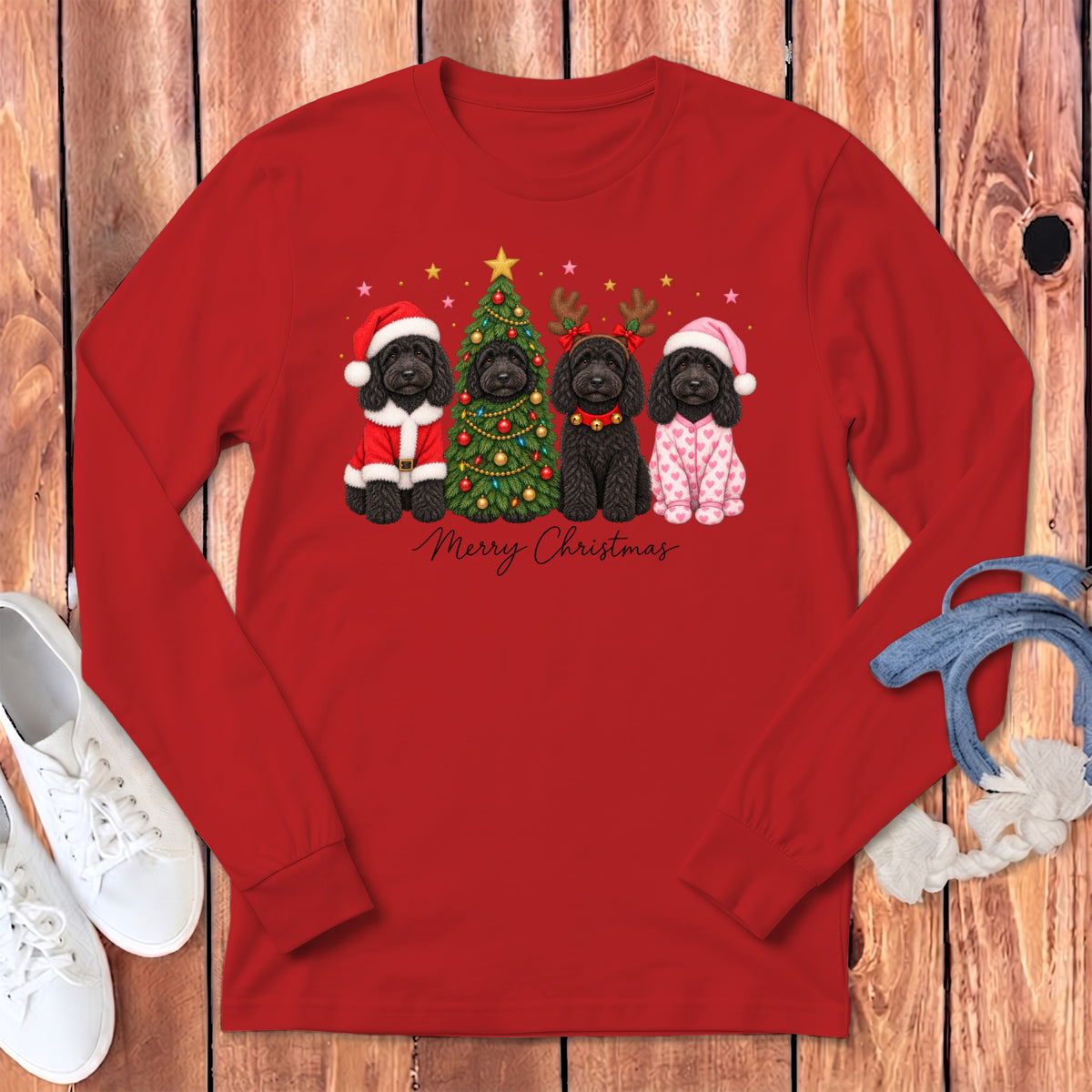Red long-sleeve t-shirt featuring a Christmas graphic of four black dogs and a tree.