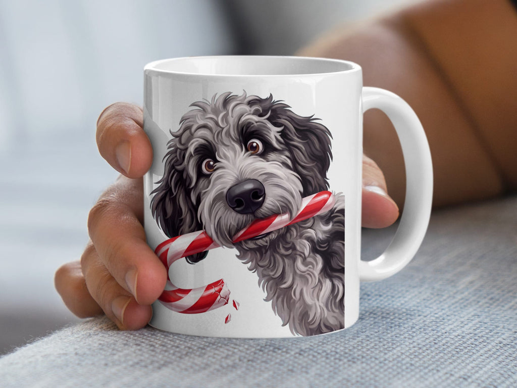 Merle Goldendoodle Candy Cane Thief Mug in by Puppy Jo