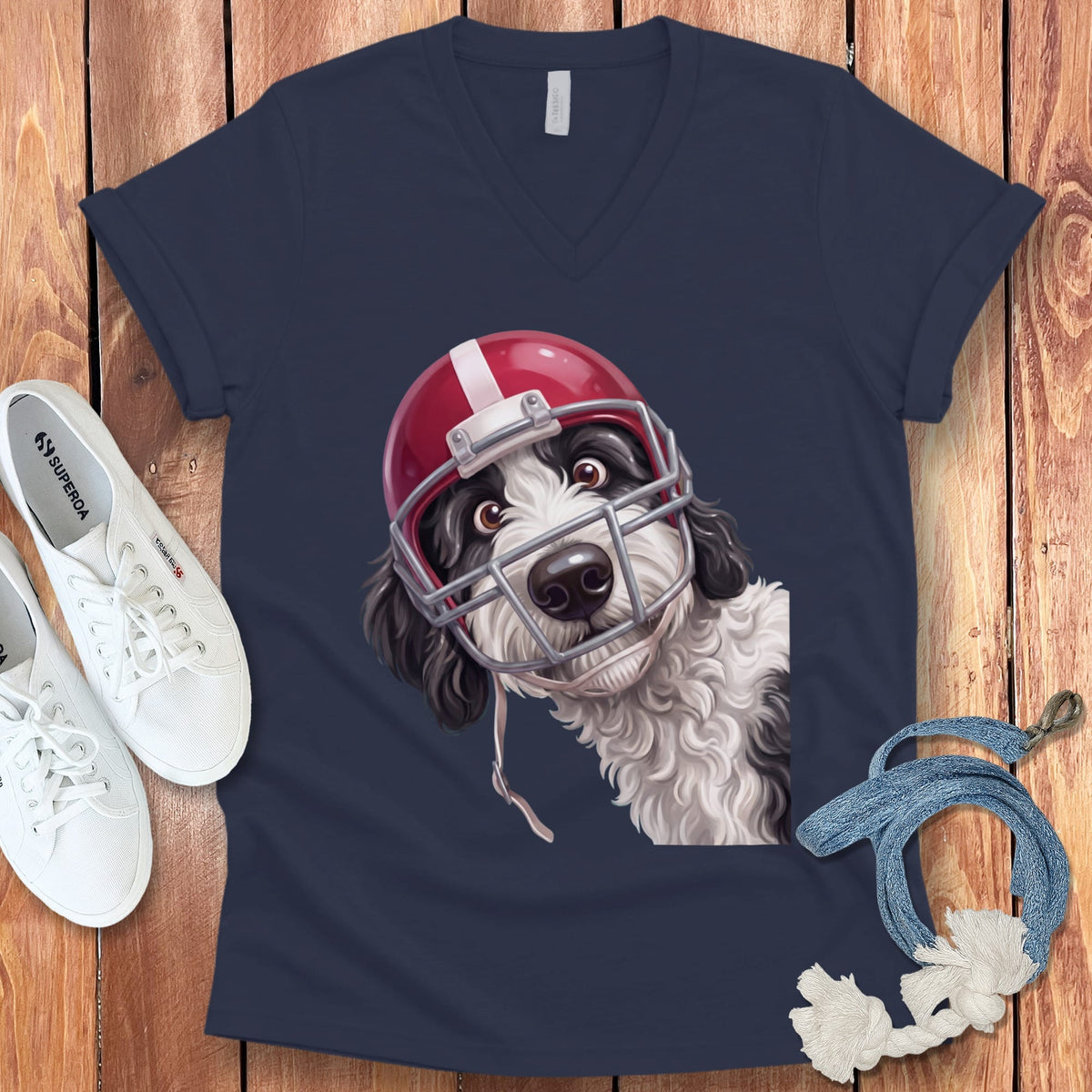Sheepadoodle Football Helmet V-Neck T-Shirt in Navy / S by Puppy Jo