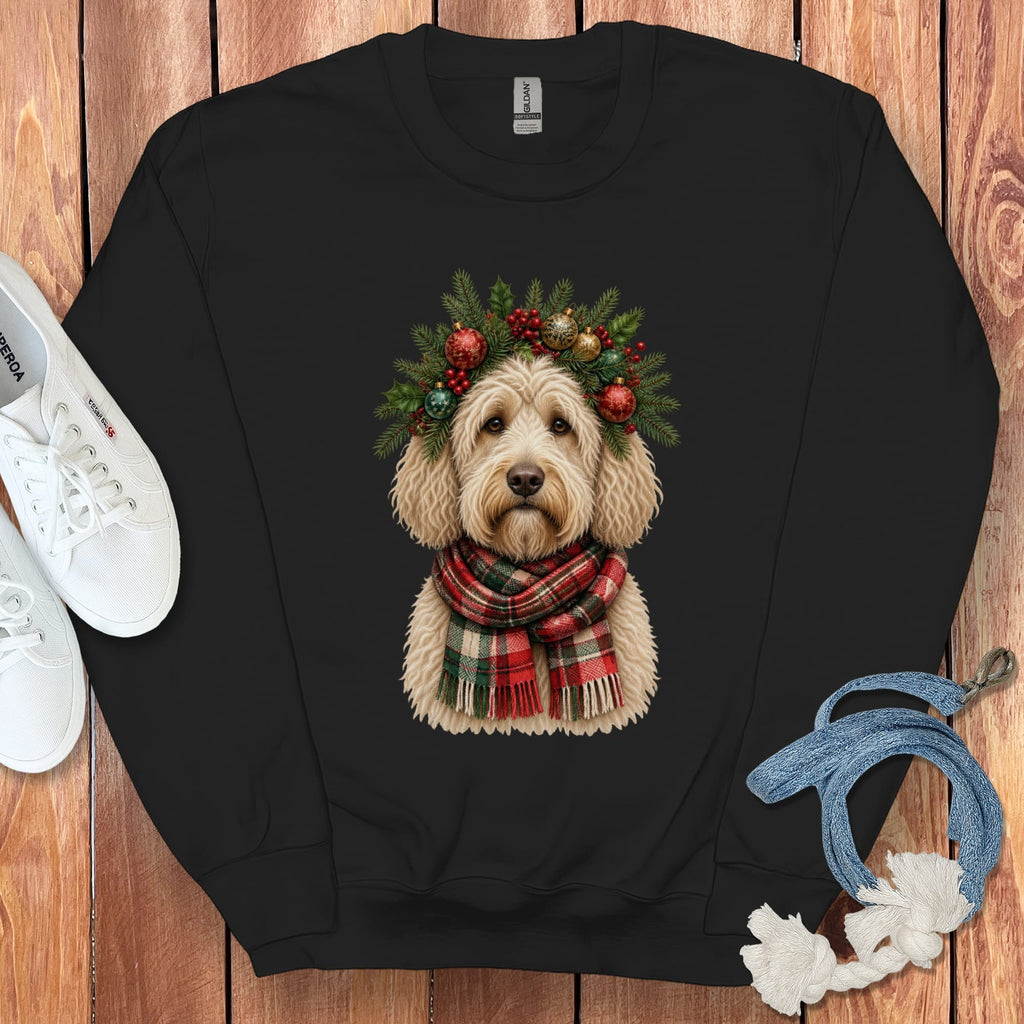 Cream Goldendoodle Holiday Crown Sweatshirt in Black / S by Puppy Jo