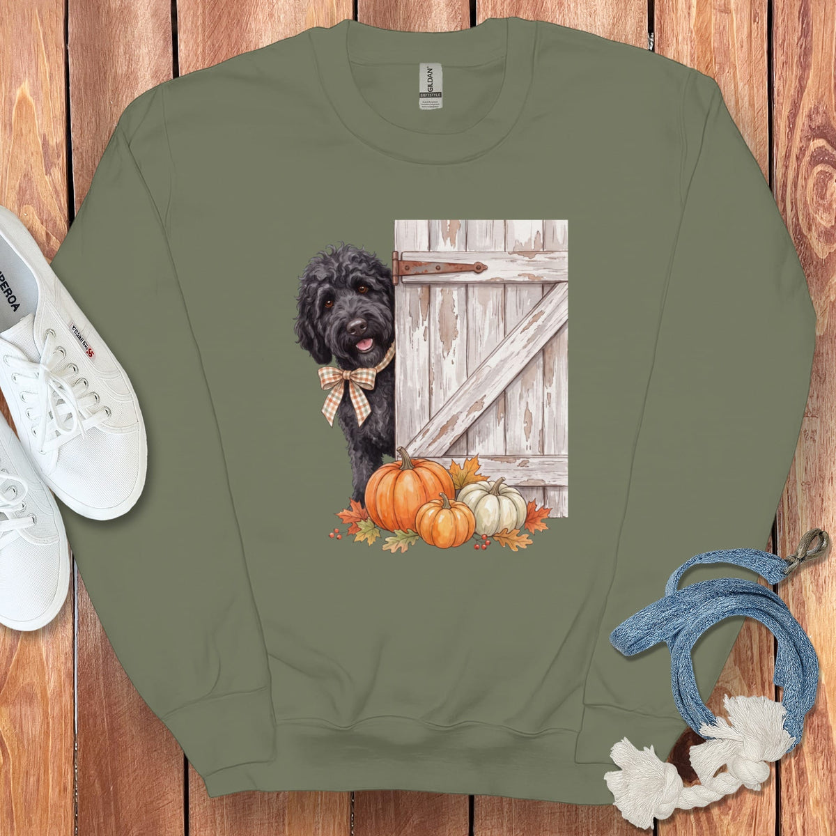 Black Goldendoodle Barn Peeking Sweatshirt in Military Green / S by Puppy Jo