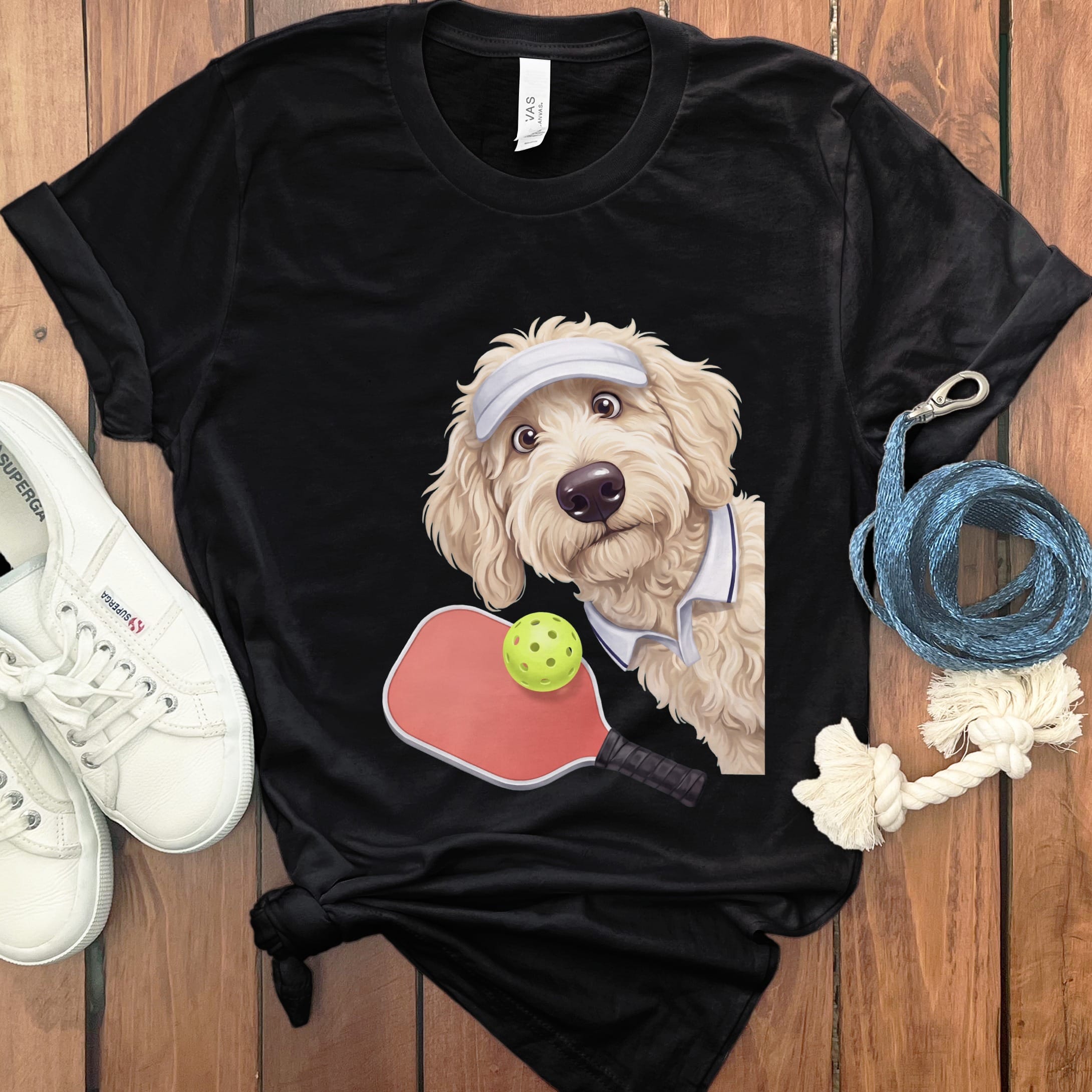 Cream Goldendoodle Pickleball Player T-Shirt in Black / S by Puppy Jo