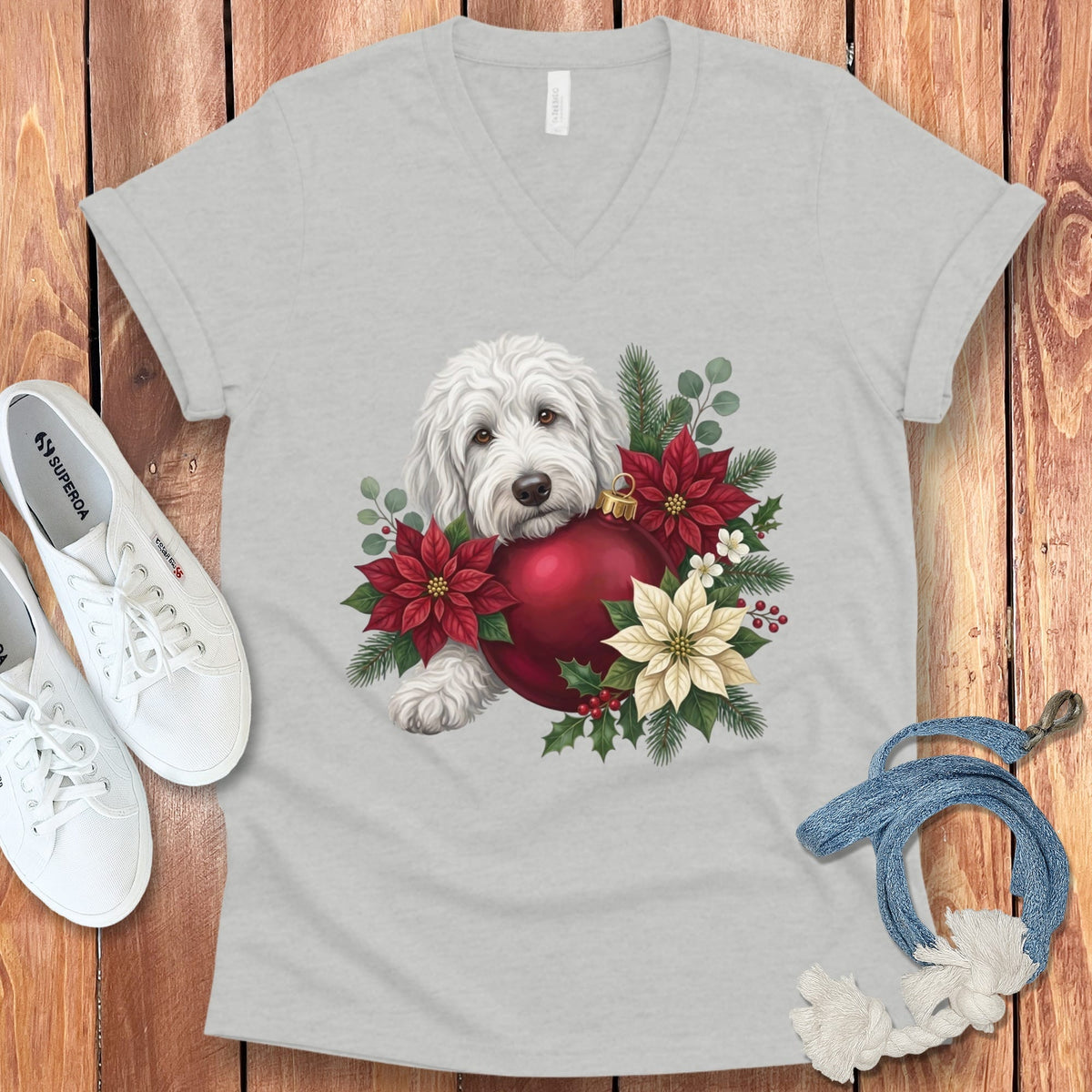 Maltipoo Holiday Cheer V-Neck T-Shirt in Athletic Heather / S by Puppy Jo