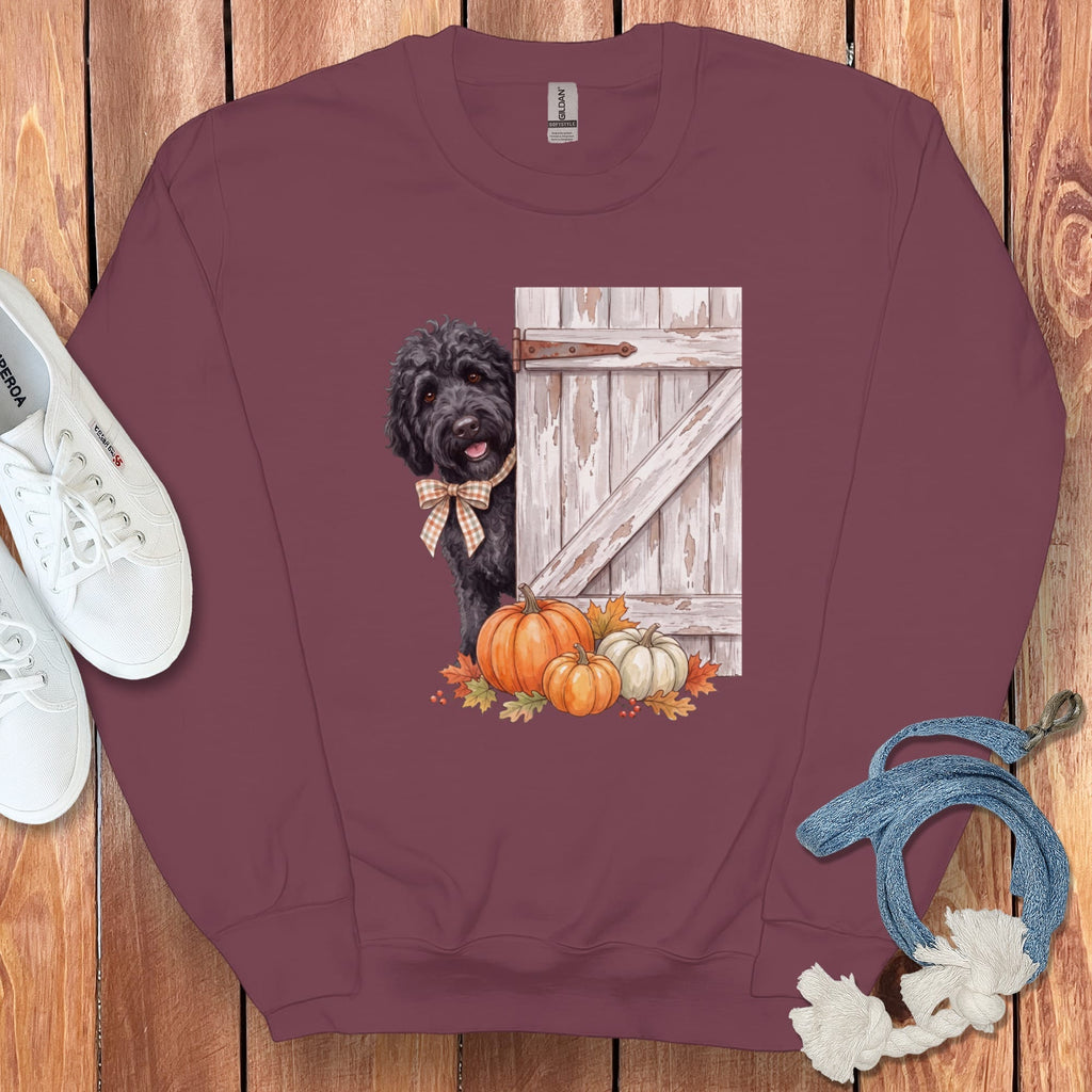 Black Goldendoodle Barn Peeking Sweatshirt in Maroon / S by Puppy Jo