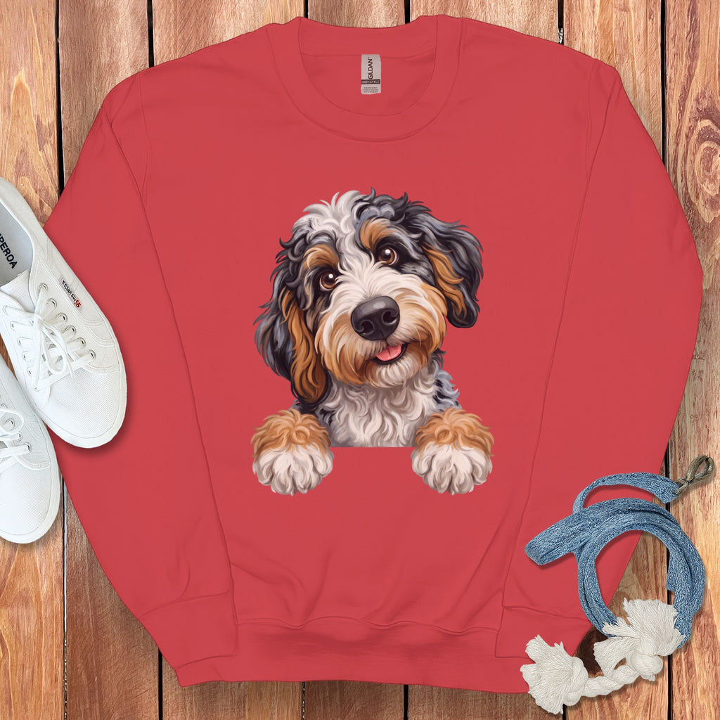 Red sweatshirt with a graphic of a happy Bernedoodle puppy peeking over the top.