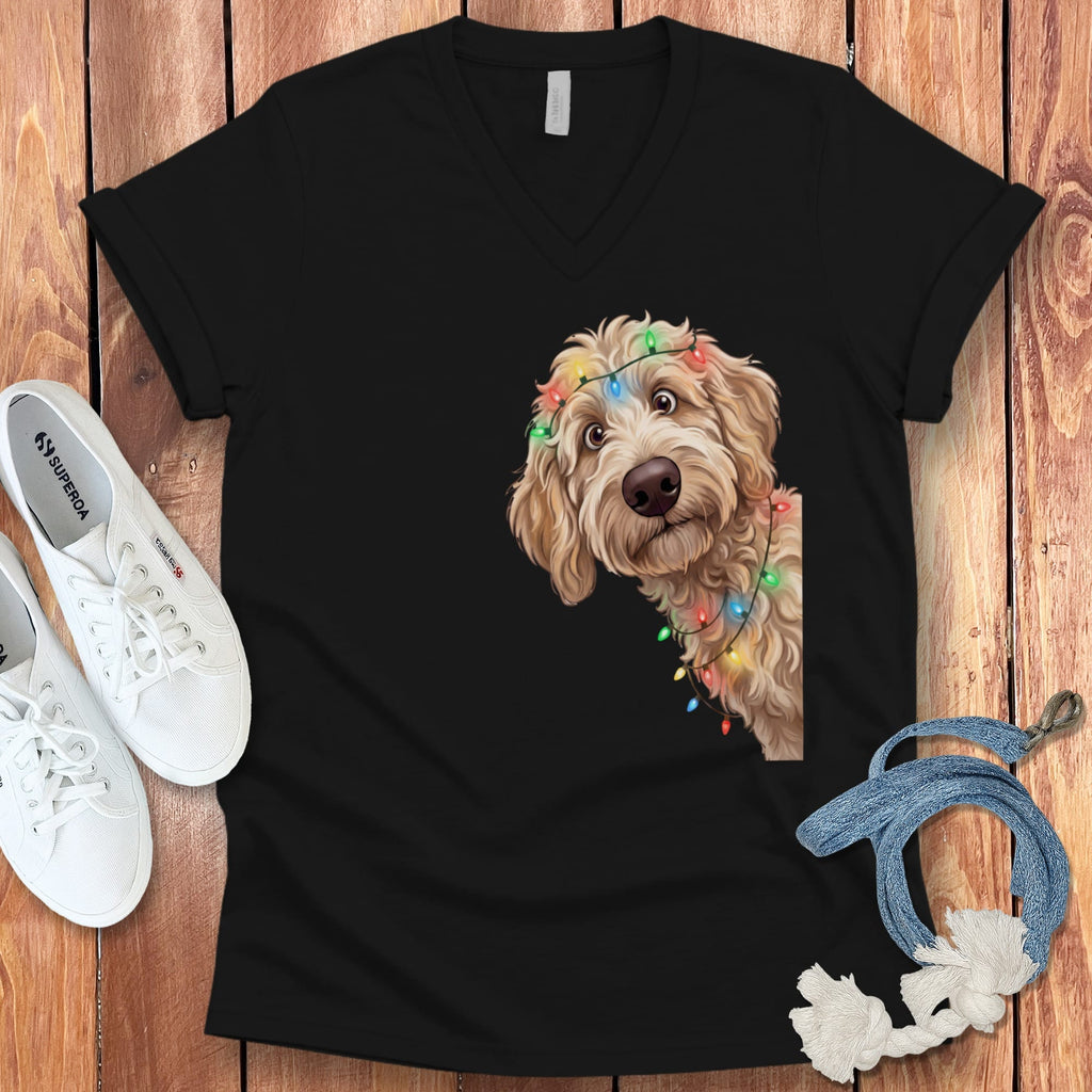 Peeking Apricot Goldendoodle Holiday V-Neck T-Shirt in Black / S by Puppy Jo