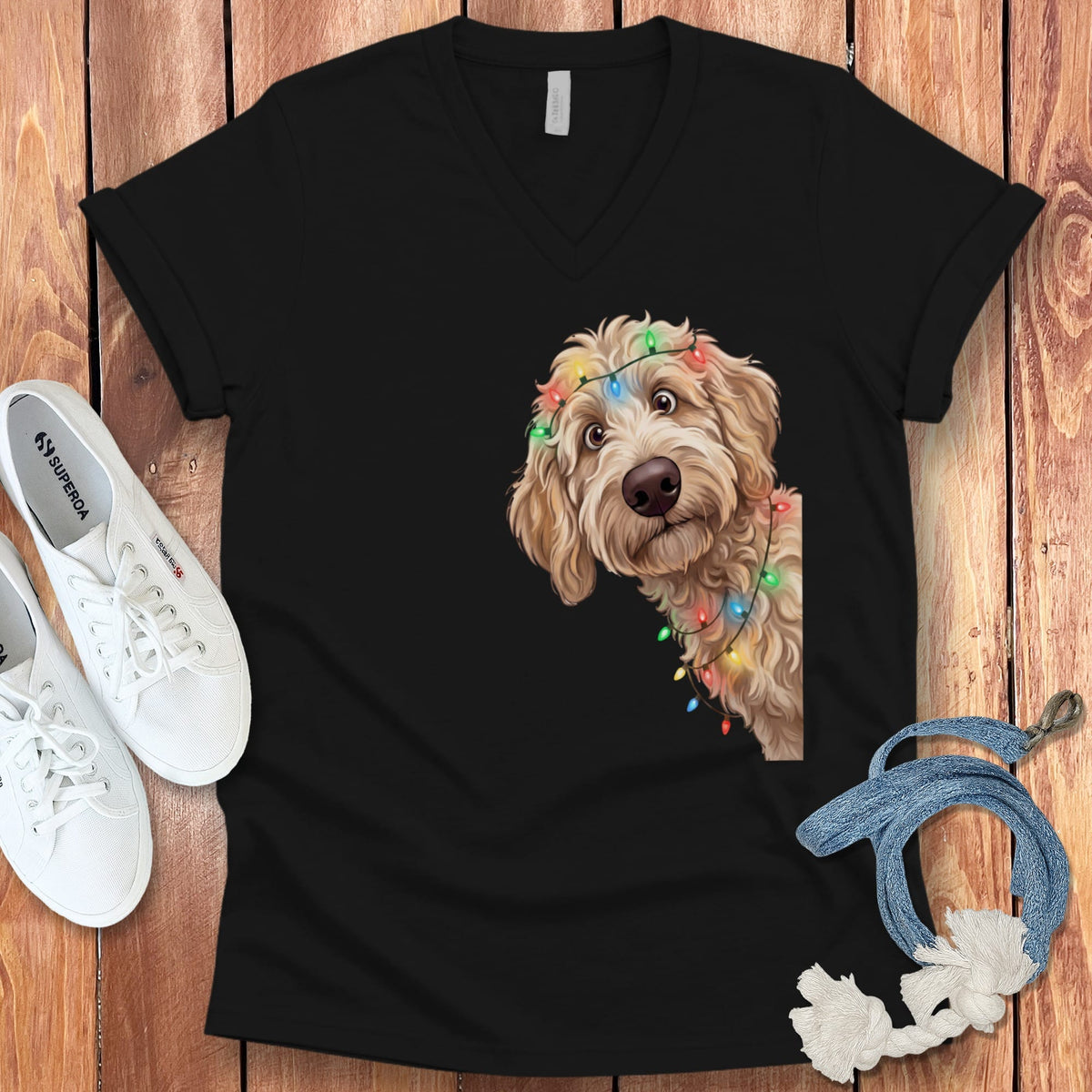 Peeking Apricot Goldendoodle Holiday V-Neck T-Shirt in Black / S by Puppy Jo