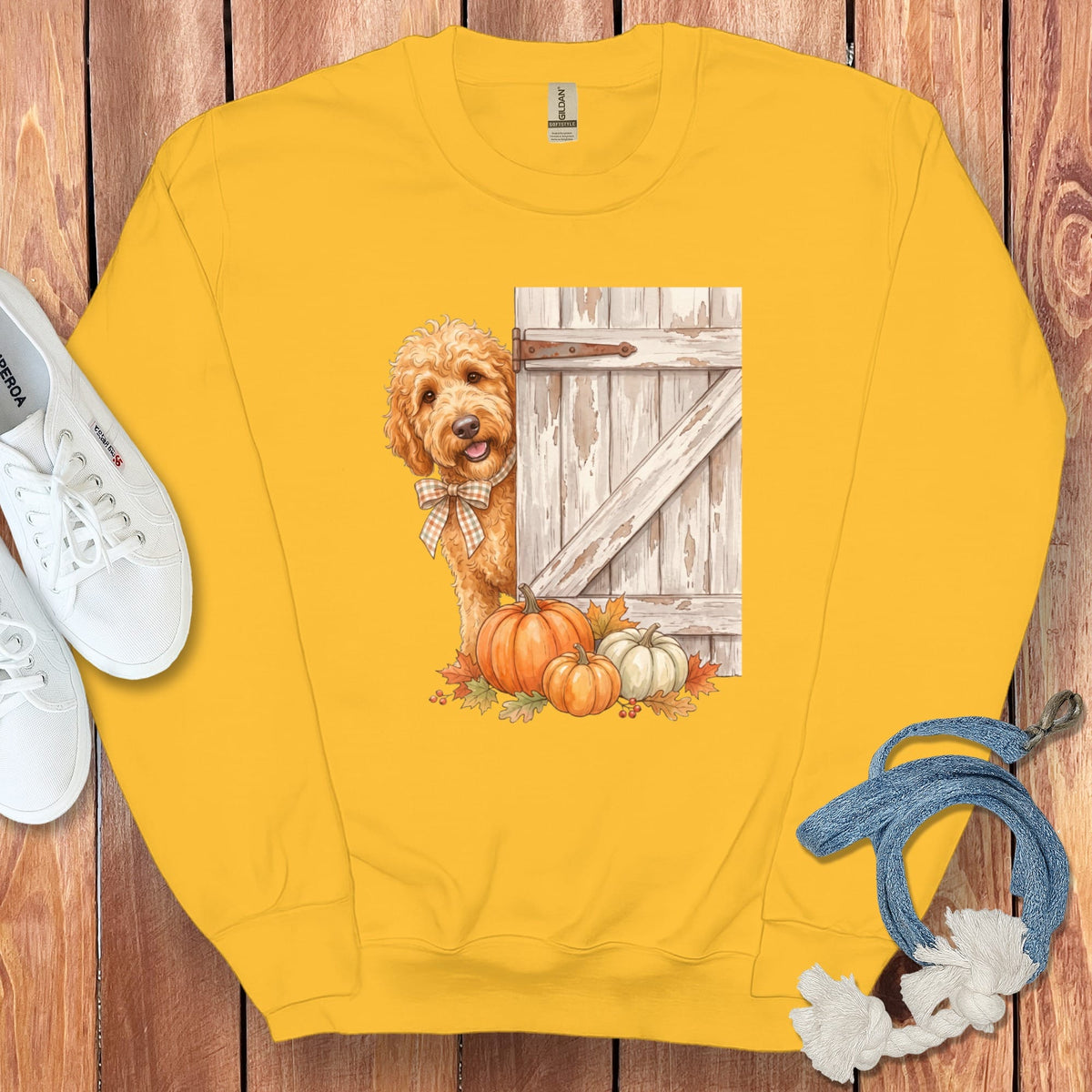 Golden Goldendoodle Barn Peeking Sweatshirt in Gold / S by Puppy Jo