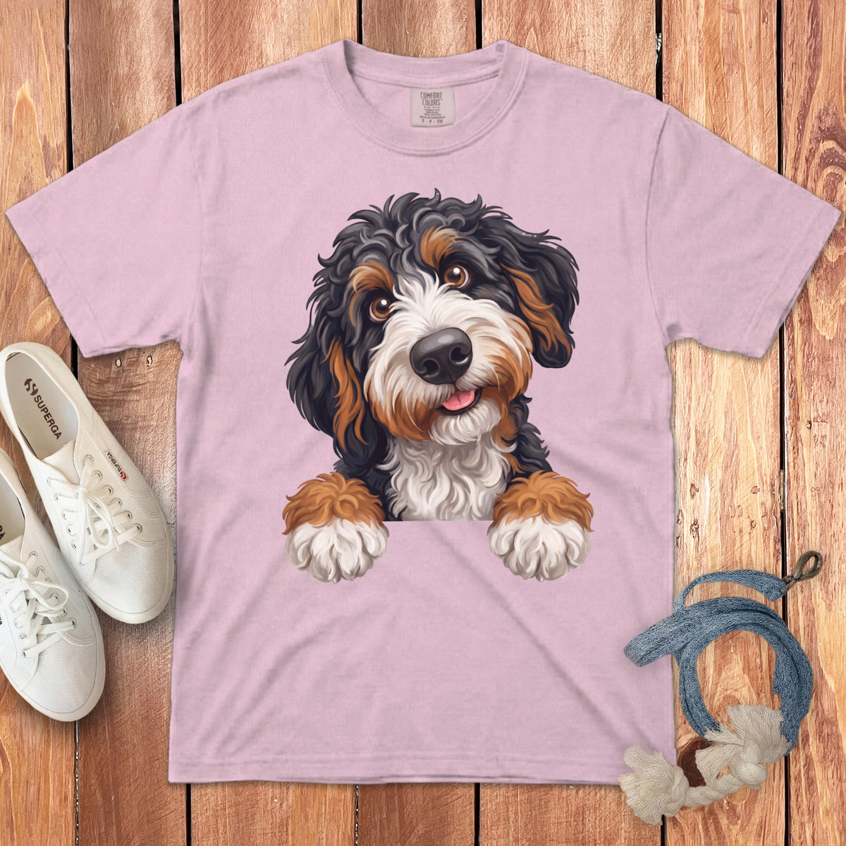 Pink t-shirt with a Bernese Mountain Dog puppy graphic and Superga shoes.