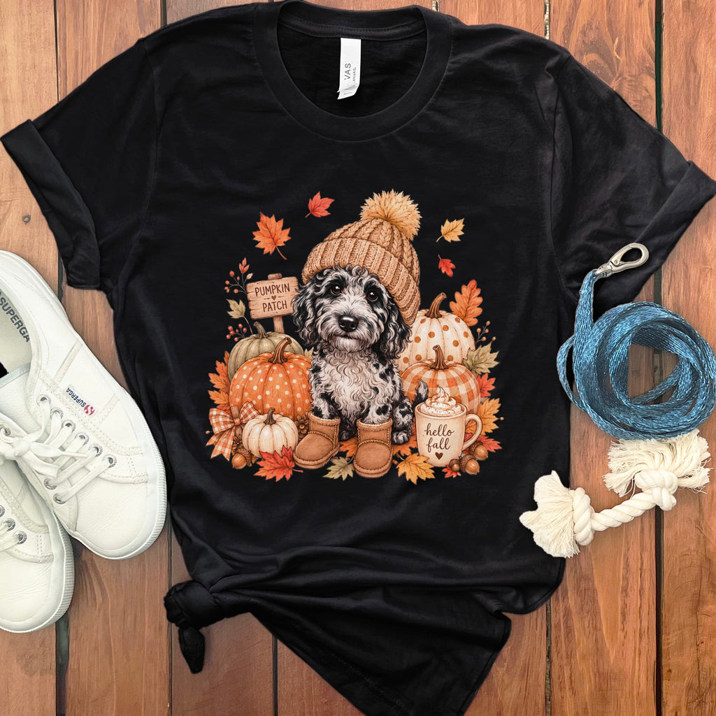 Merle Goldendoodle Pumpkin Patch T-Shirt in Black / S by Puppy Jo