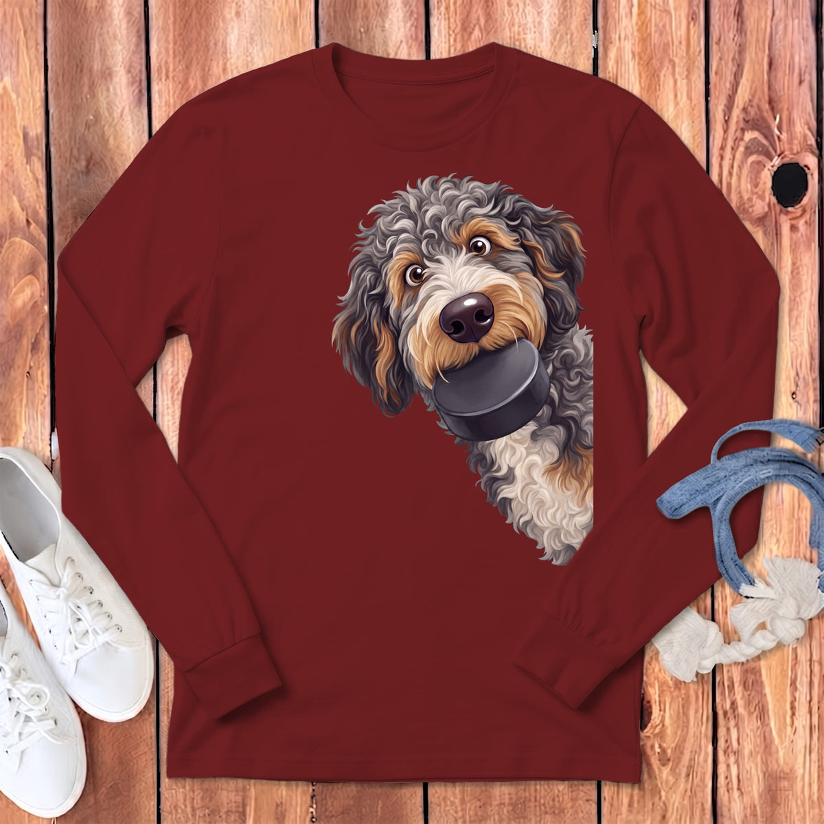 Aussiedoodle Hockey Puck Long Sleeve T-Shirt in Cardinal / S by Puppy Jo
