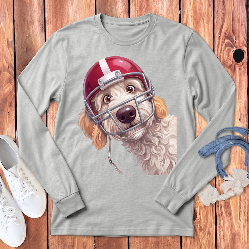 Gray long-sleeved t-shirt featuring a graphic of a curly-haired dog wearing a red football helmet.