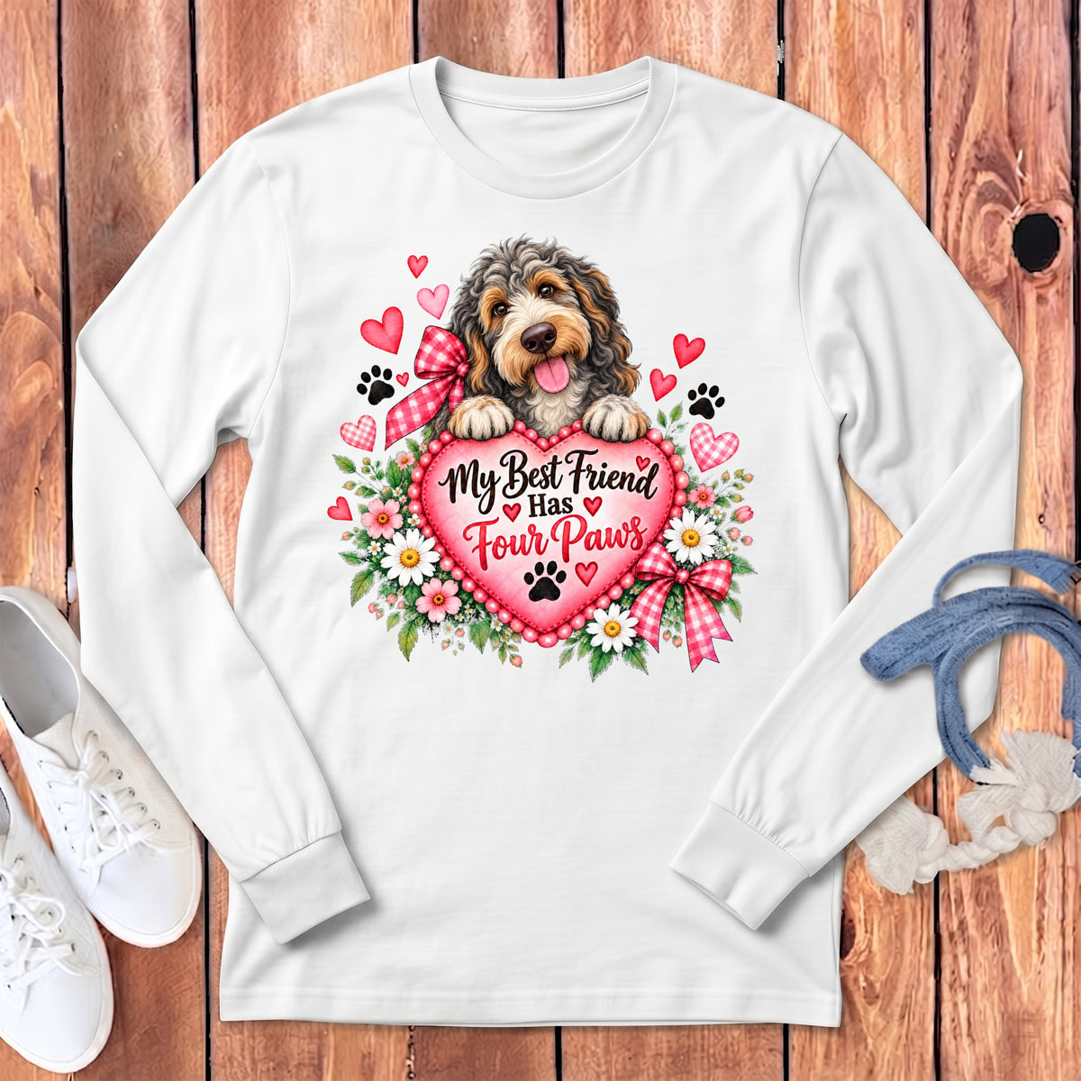 A white long-sleeved shirt features a graphic of a fluffy dog resting paws on a pink heart inscribed with My Best Friend Has Four Paws.