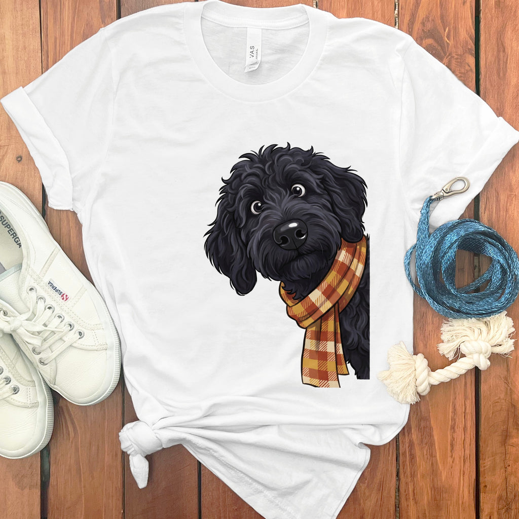 White t-shirt featuring a black dog wearing a plaid scarf.