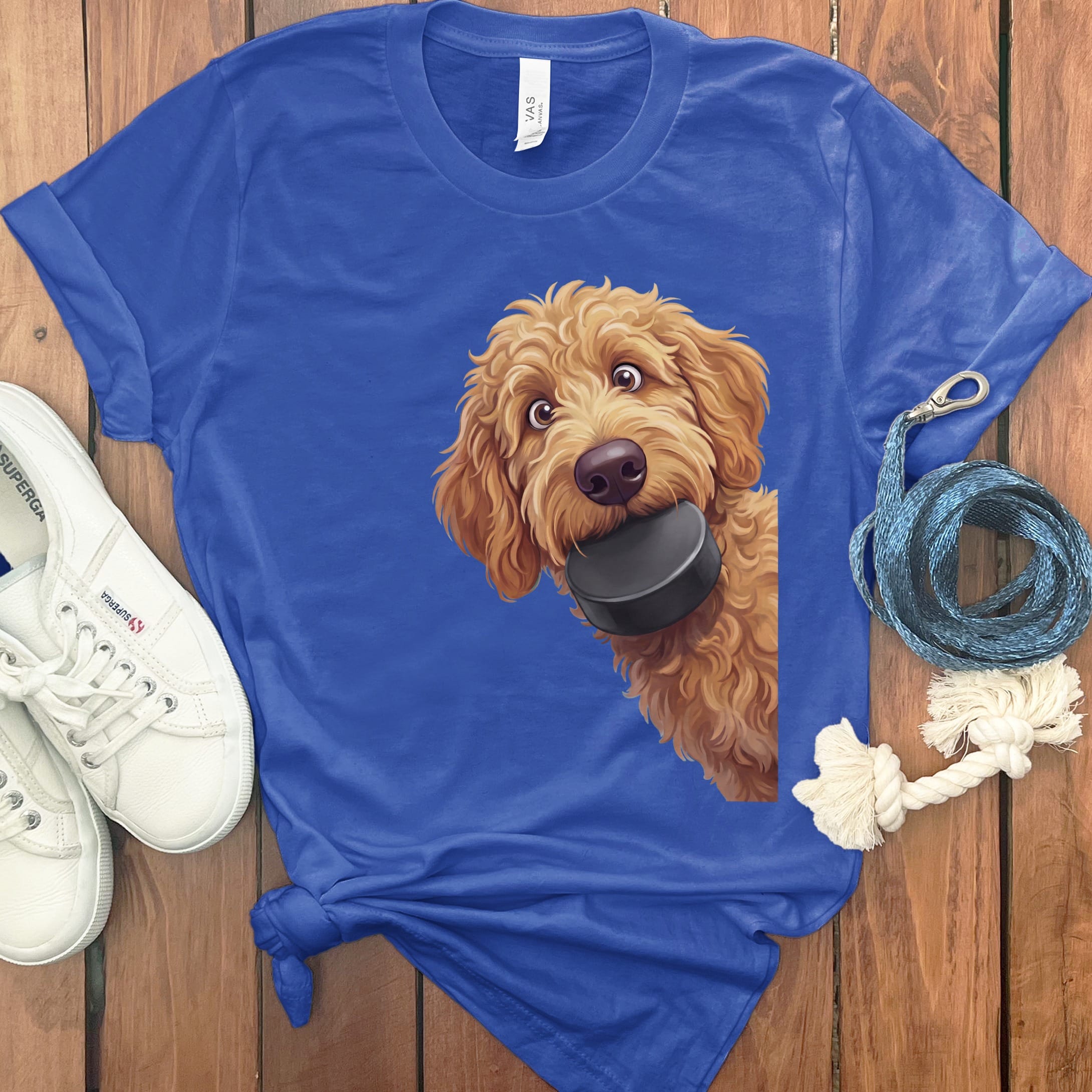 Apricot Goldendoodle Hockey Puck T-Shirt in True Royal / S by Puppy Jo