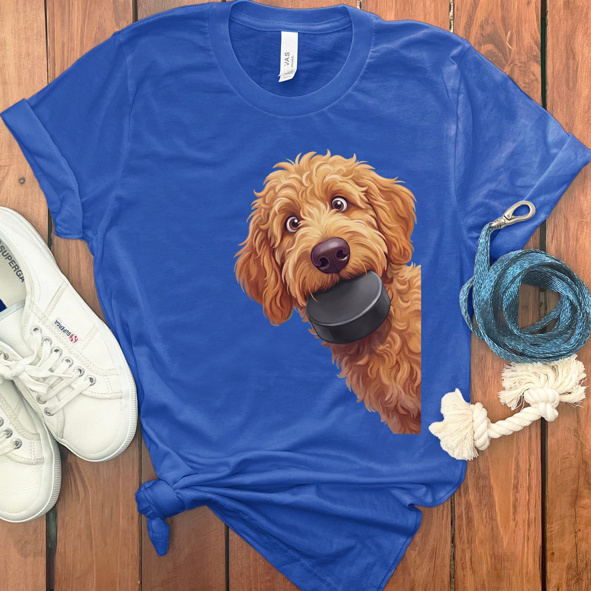 Apricot Goldendoodle Hockey Puck T-Shirt in True Royal / S by Puppy Jo