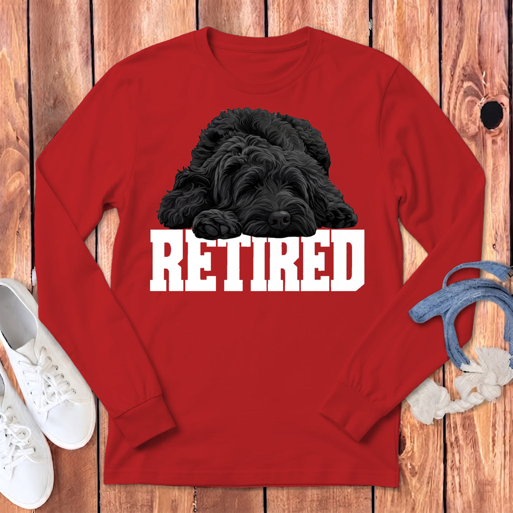 Retired Sleeping Black Goldendoodle Long Sleeve T-Shirt in Red / S by Puppy Jo