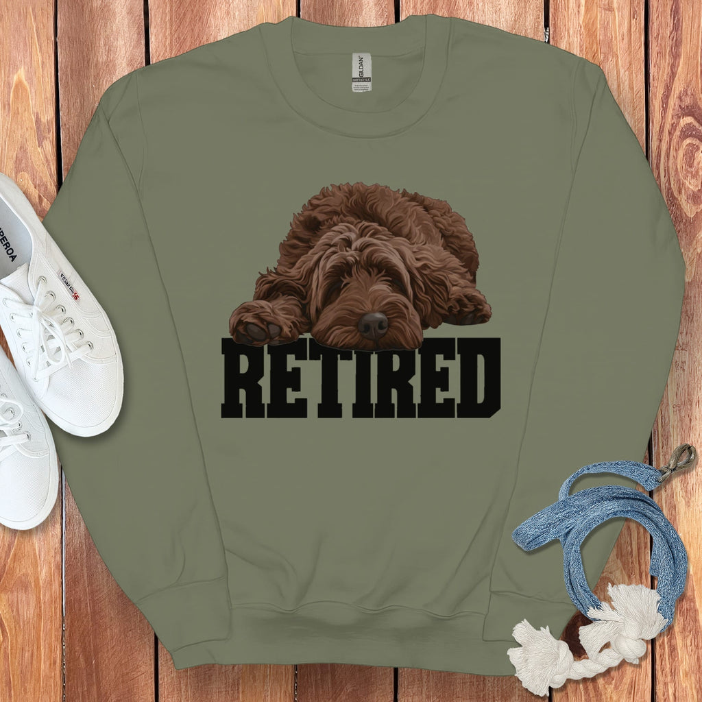 Retired Sleeping Chocolate Goldendoodle Sweatshirt in Military Green / S by Puppy Jo