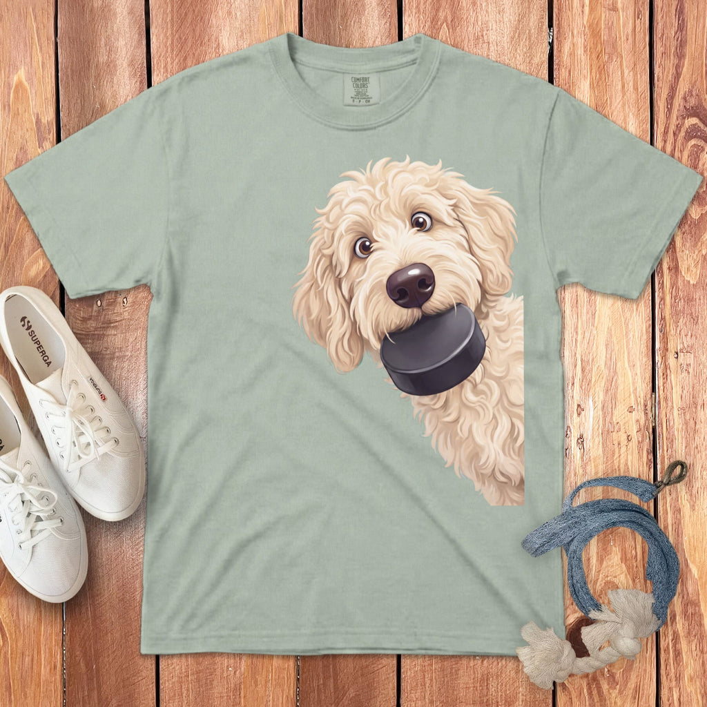 Cream Goldendoodle Hockey Puck Signature T-Shirt in Bay / S by Puppy Jo