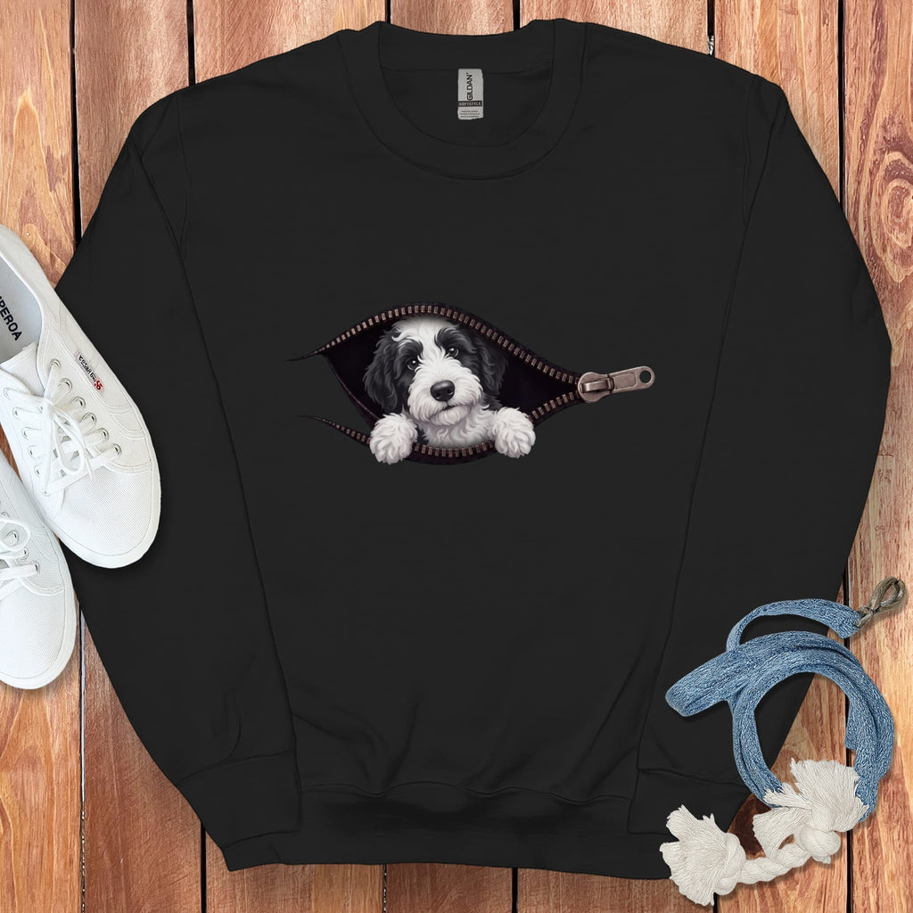 Sheepadoodle Peeking Zipper Sweatshirt in Black / S by Puppy Jo
