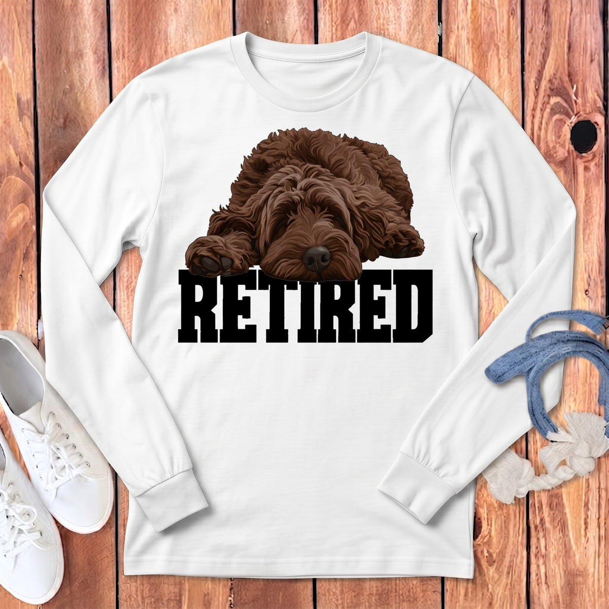 Retired Sleeping Chocolate Goldendoodle Long Sleeve T-Shirt in White / S by Puppy Jo