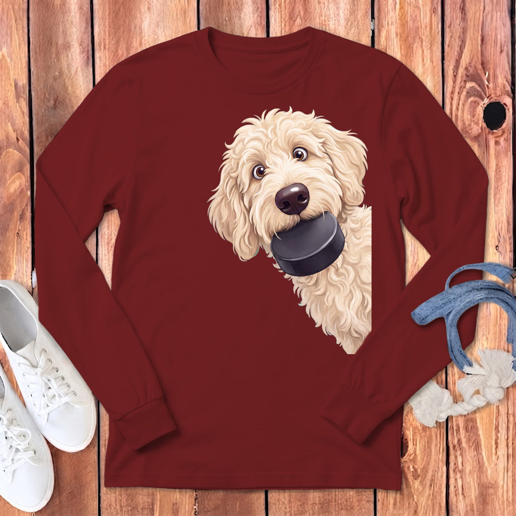 Cream Goldendoodle Hockey Puck Long Sleeve T-Shirt in Cardinal / S by Puppy Jo