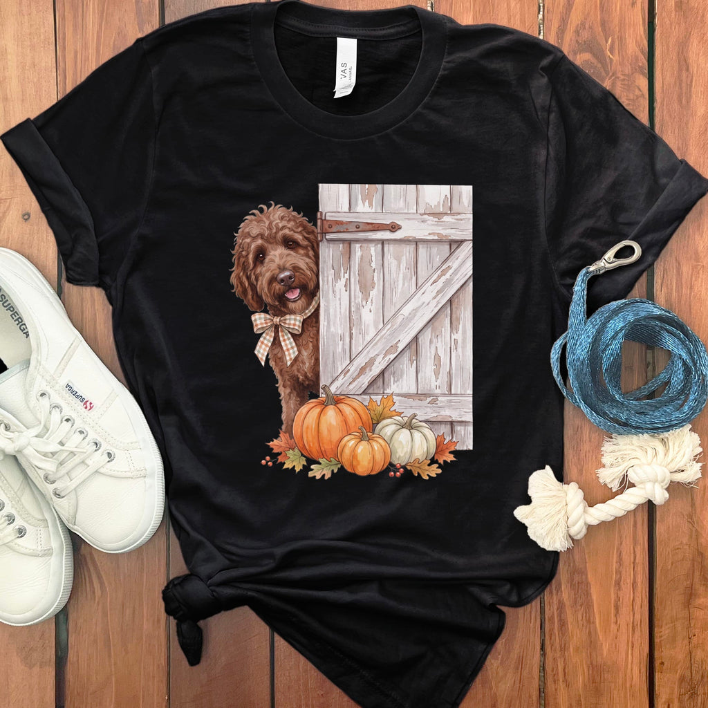 Chocolate Goldendoodle Barn Peeking T-Shirt in Black / S by Puppy Jo