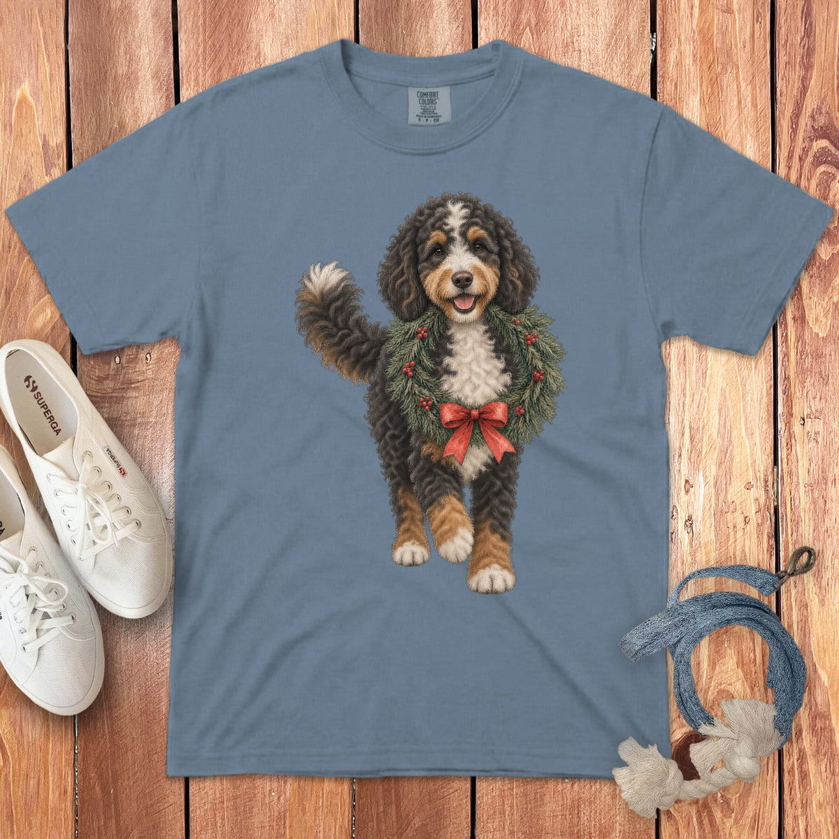 Bernedoodle Wreath Signature T-Shirt in Blue Jean / S by Puppy Jo