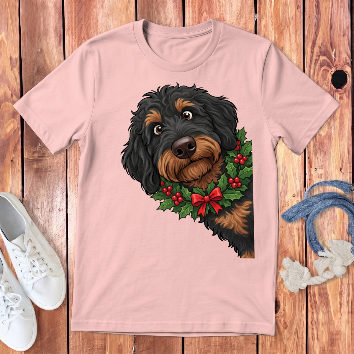 Pink t-shirt with a cartoon black and tan dog wearing a holly wreath and red bow.