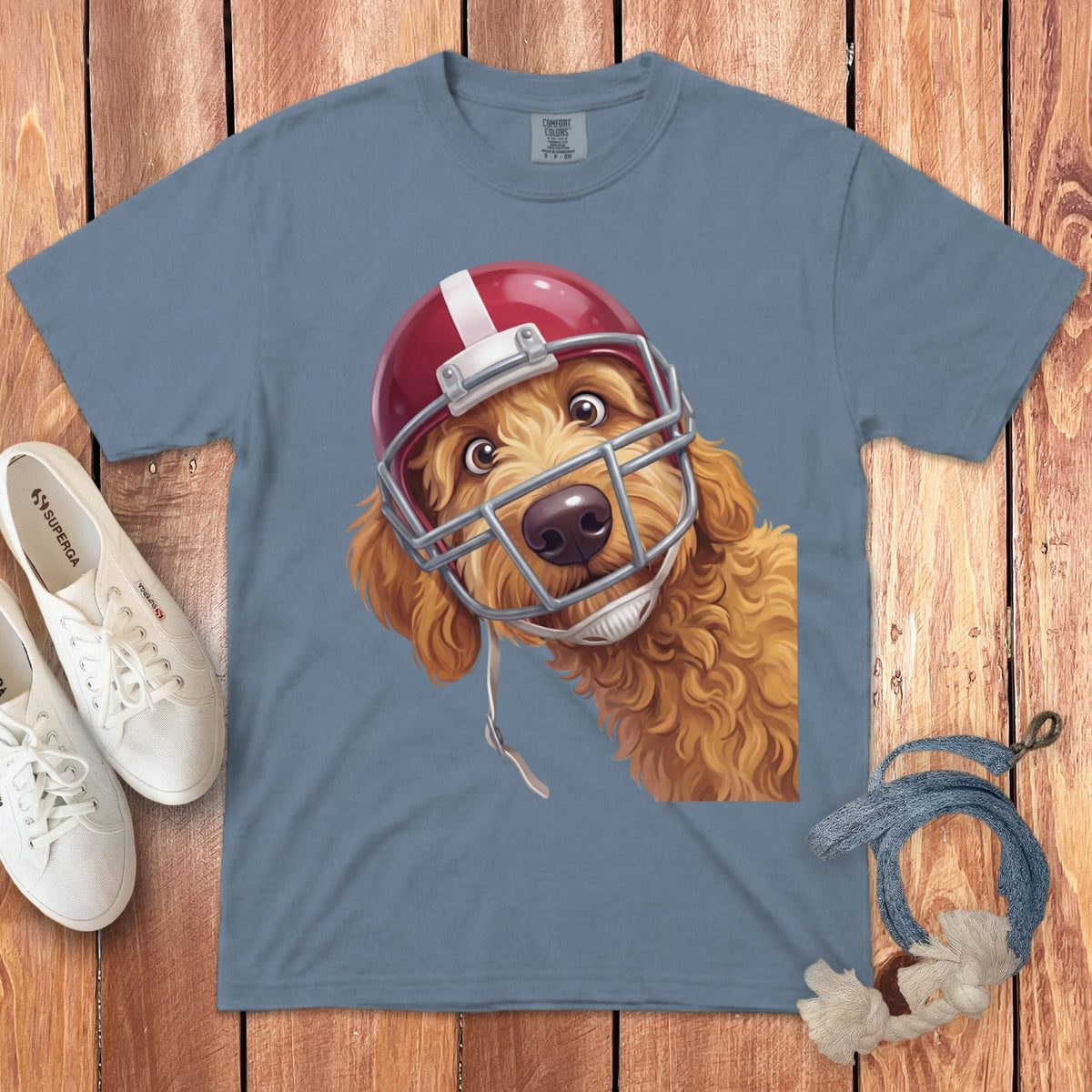 Apricot Goldendoodle Football Helmet Signature T-Shirt in Blue Jean / S by Puppy Jo