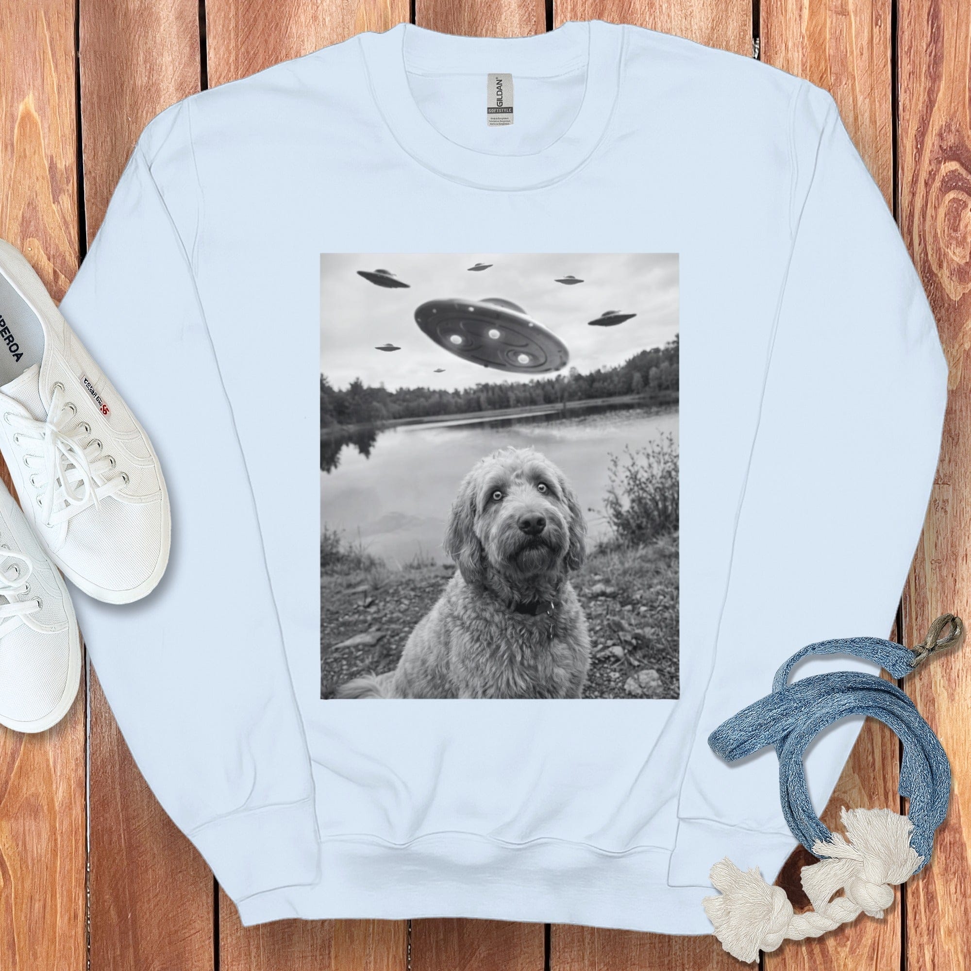 UFO Spaceships Hovering Over Dog Graphic Sweatshirt