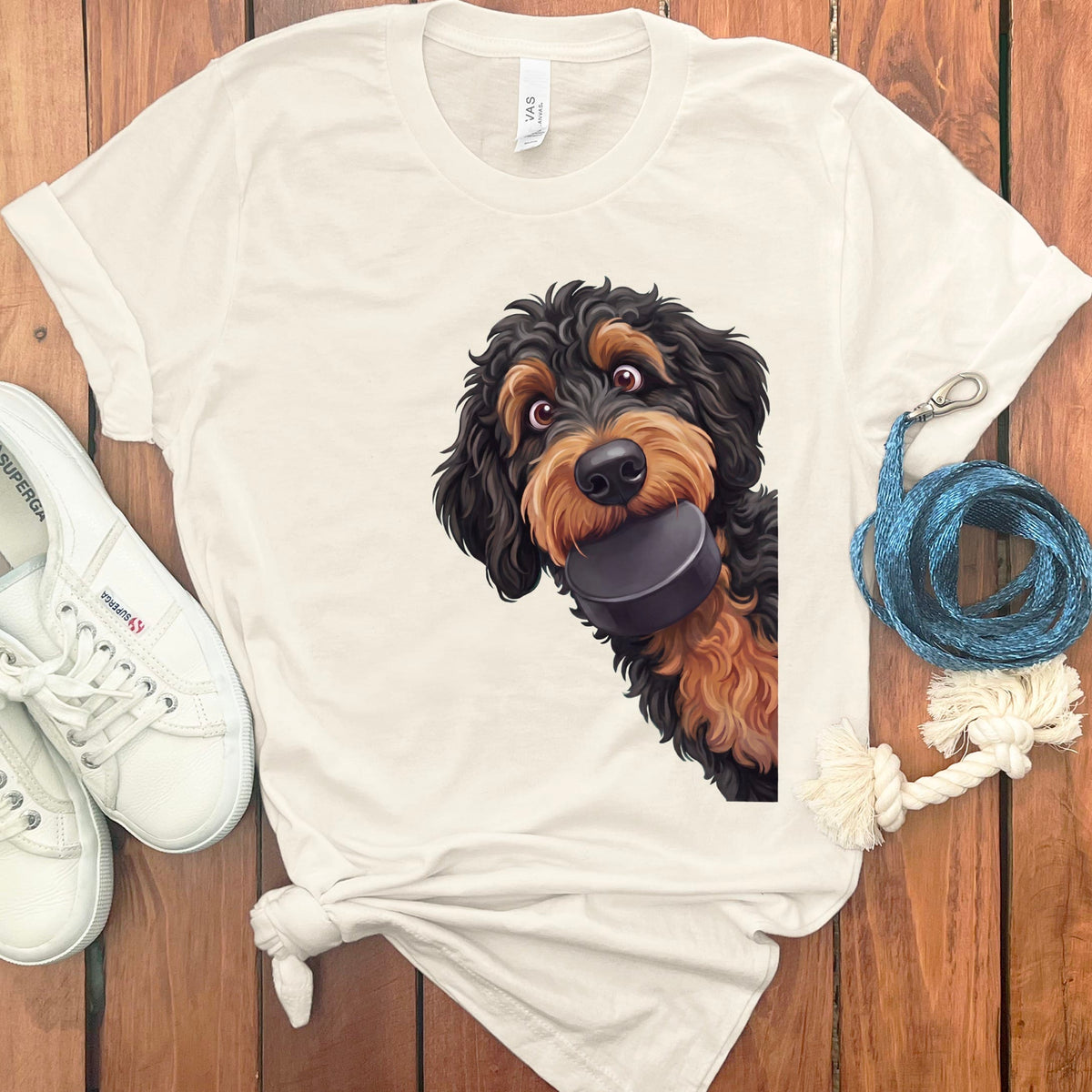 Phantom Goldendoodle Hockey Puck T-Shirt in Natural / S by Puppy Jo