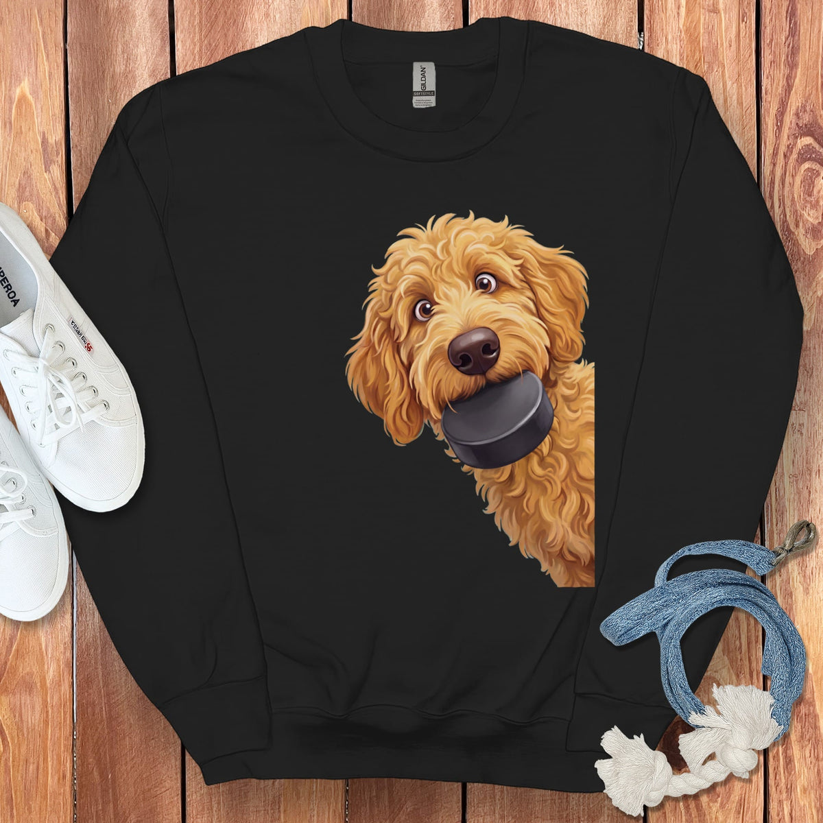 Golden Goldendoodle Hockey Puck Sweatshirt in Black / S by Puppy Jo