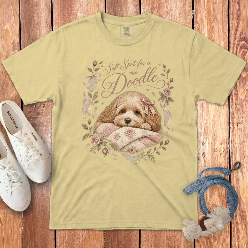 Light yellow t-shirt with a doodle dog graphic and "Soft Spot for a Doodle" text.