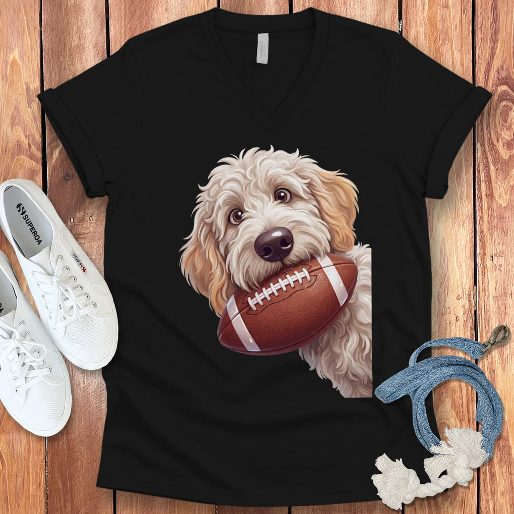 Maltipoo Football V-Neck T-Shirt in Black / S by Puppy Jo