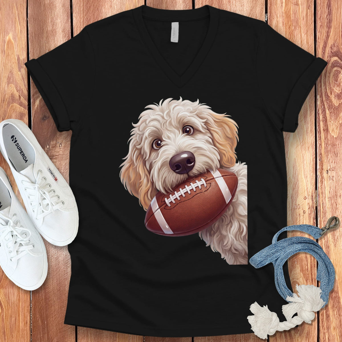 Maltipoo Football V-Neck T-Shirt in Black / S by Puppy Jo