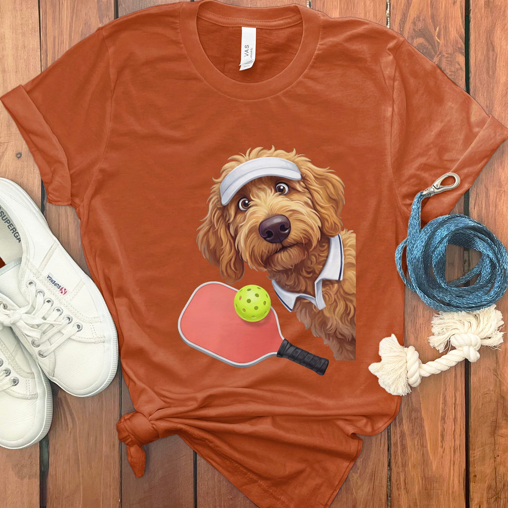 Apricot Goldendoodle Pickleball Player T-Shirt in Autumn / S by Puppy Jo