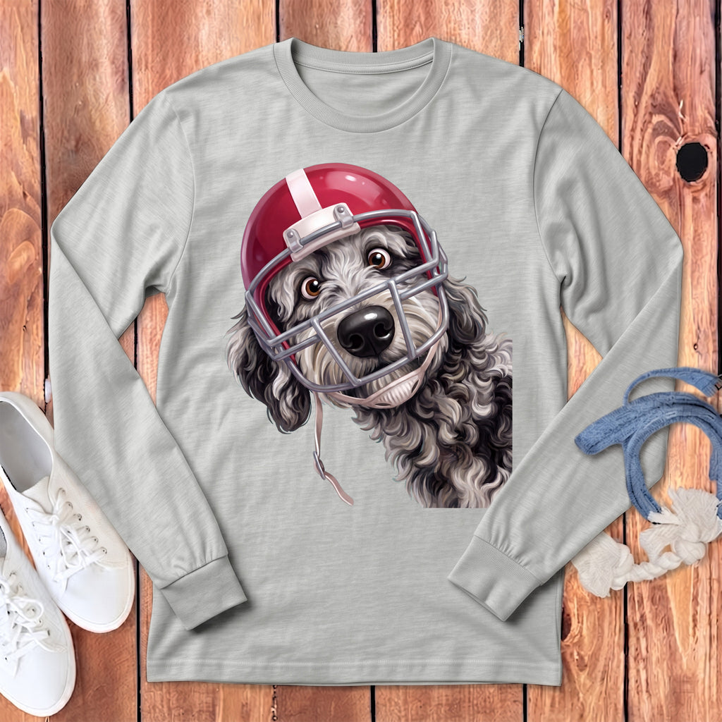 Gray long-sleeve shirt with a doodle dog wearing a football helmet graphic.