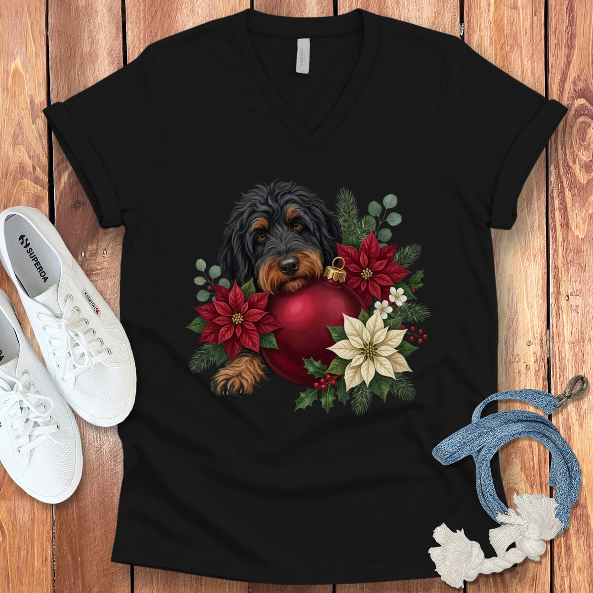 Phantom Goldendoodle Holiday Cheer V-Neck T-Shirt in Black / S by Puppy Jo