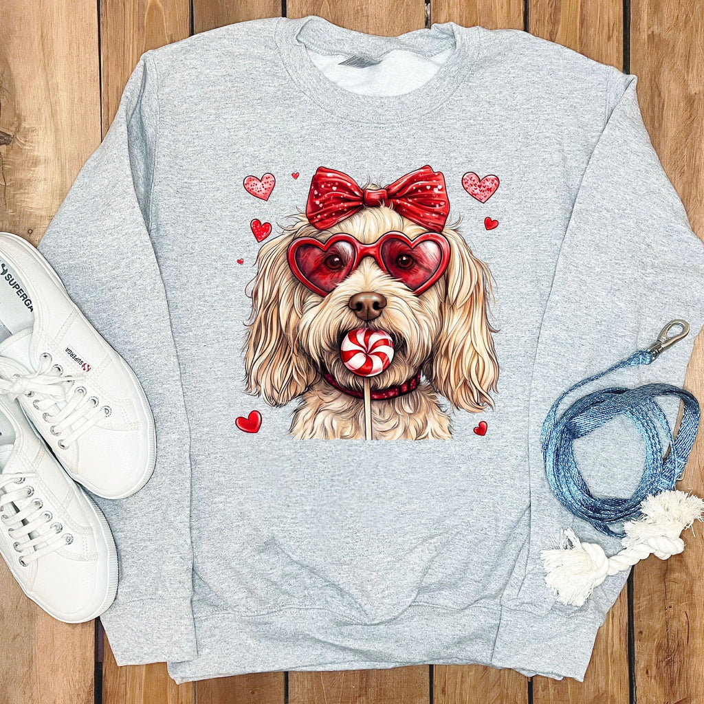 Adorable Dog With Heart Glasses and Candy Sweatshirt