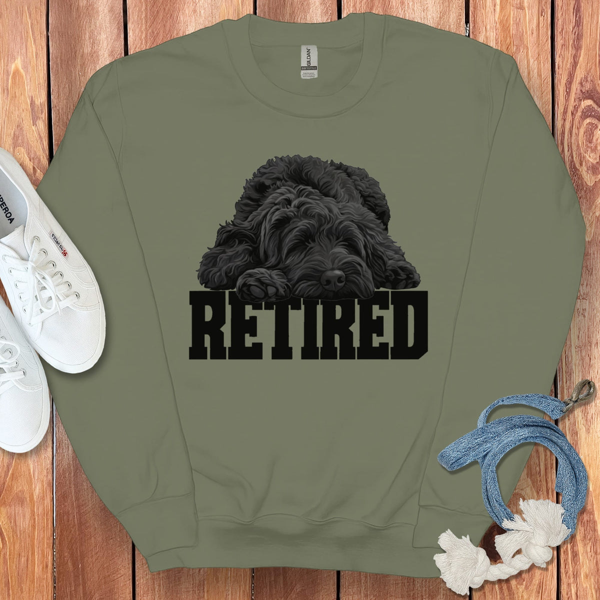 Retired Sleeping Black Goldendoodle Sweatshirt in Military Green / S by Puppy Jo